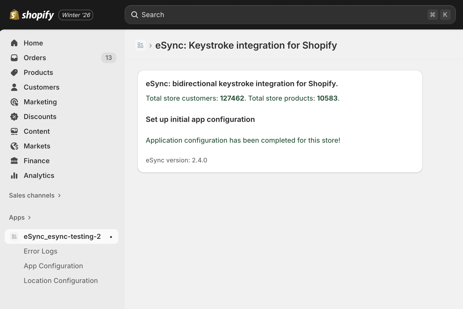 eSync Shopify App Screenshot